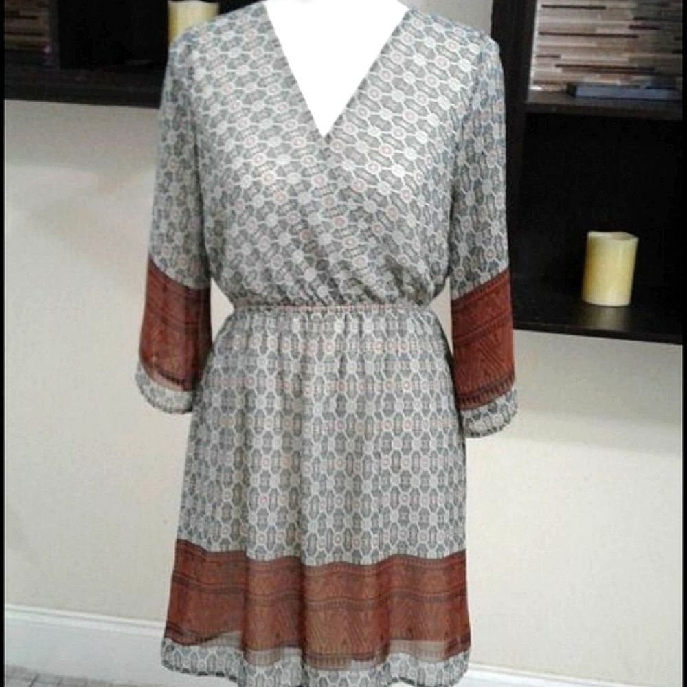 Everly Boho Gypsy Green & Brown 3/4 Sleeve Flowy Chic Mini Dress S